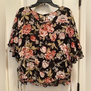 Black & coral floral silk top 2 layers with ties on side bought to be oversized